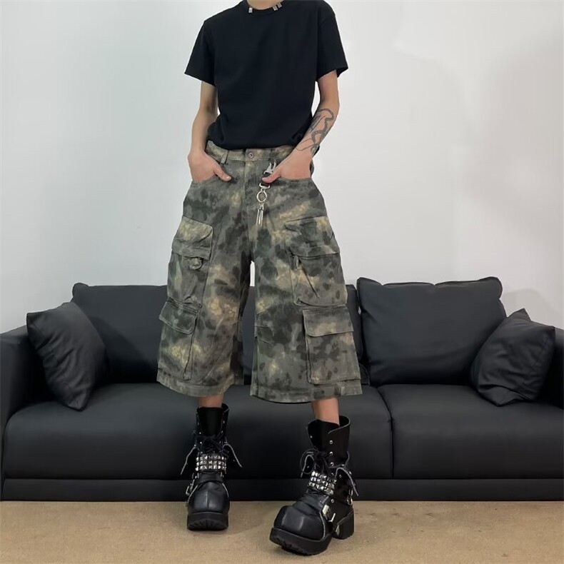 美式复古迷彩晕染多口袋休闲短裤男女同款夏季宽松直筒阔腿七分裤图片