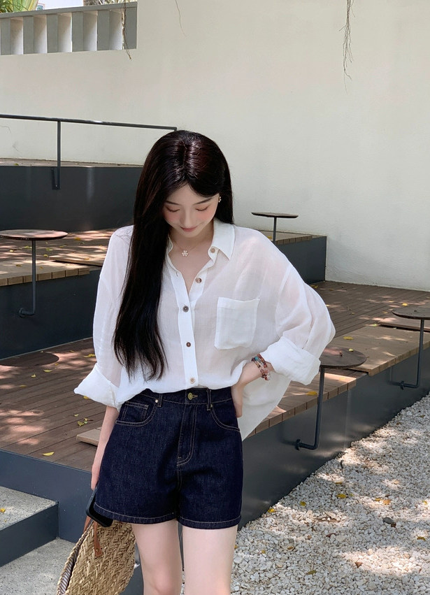 夏季松弛感宽松轻薄微透衬衫,女装衬衫,湘姗