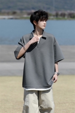 8XL-M假两件V领短袖t恤男夏翻领半袖宽松重磅华夫格大码DT001P40，男装T恤，电商B312