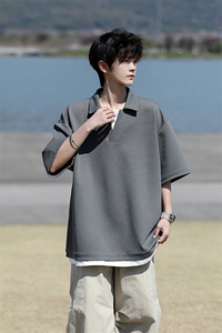8XL-M假两件V领短袖t恤男夏翻领半袖宽松重磅华夫格大码DT001P40图片