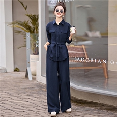 轻熟风气质时尚套装女2025秋季新款系带收腰长袖衬衫阔腿裤两件套，女装套装/套裙，盈茜