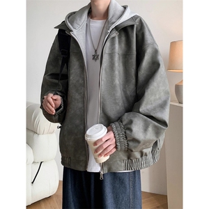 1506-1/MJ4931假二件皮衣高质量/P64皮衣外套男生假两件连帽夹克图片
