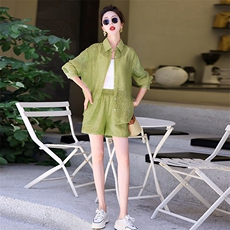 夏季新款天丝防晒衬衫短裤背心三件套时尚减龄2025夏装穿搭一整套，女装套装/套裙，衣之秀