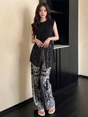 慵懒风减龄时尚套装女夏新款遮肚显瘦无袖网纱拼接上衣长裤两件套，女装套装/套裙，江南