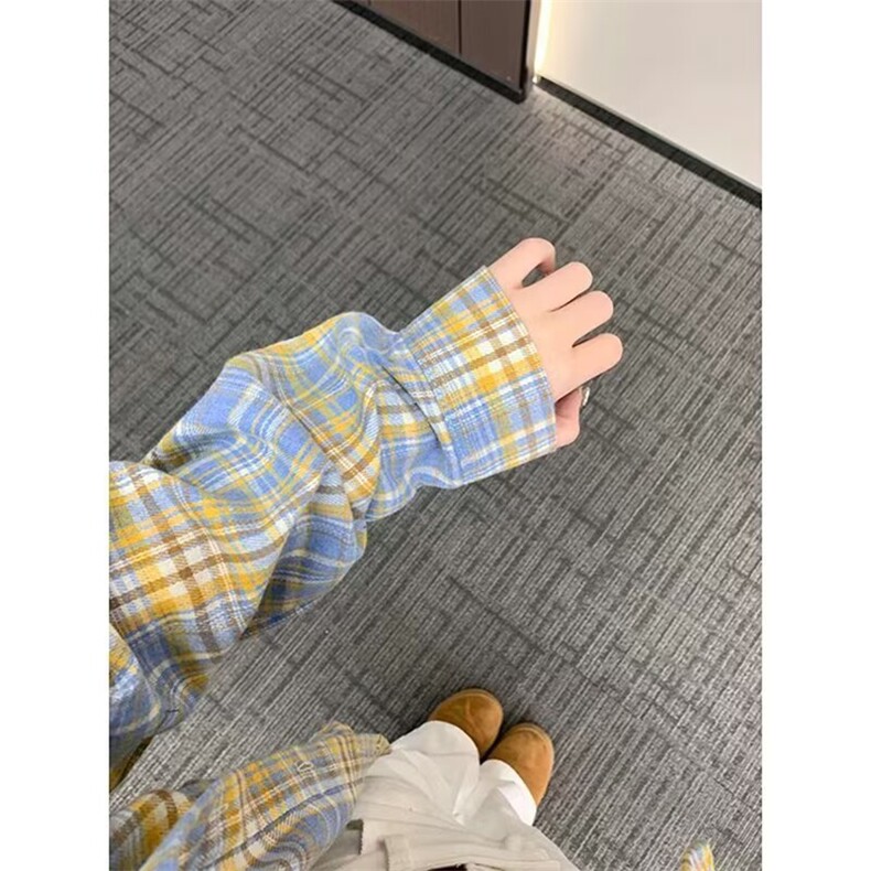 2025新款潮牌蓝色格子长袖衬衫女春秋宽松休闲百搭衬衣,男装衬衫,星座1210-1
