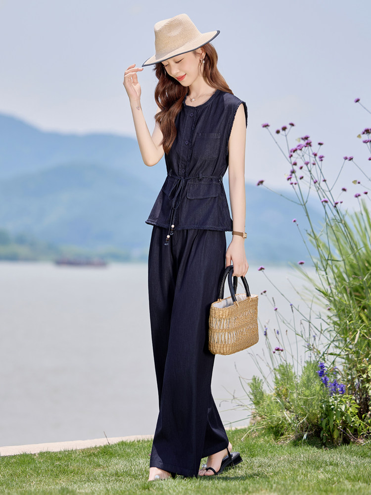 夏季薄款天丝牛仔套装女2025新款时尚巨好看无袖上衣阔腿裤两件套,女装套装/套裙,E百度