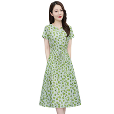 203夏季时尚简约百搭花色棉麻风短袖长款连衣裙，女装连衣裙，鑫思依格