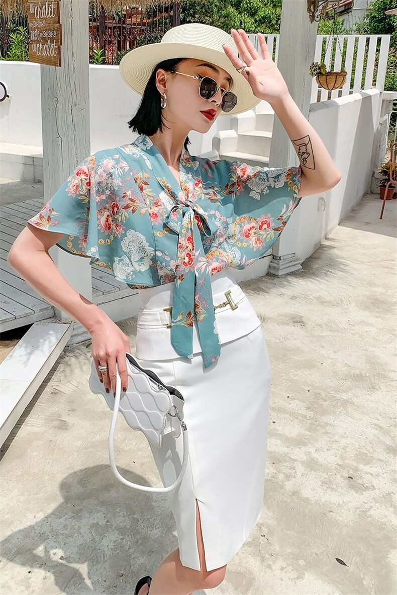 2022夏季新款时尚个性系带领小衫+修身半身裙两件套，女装套装/套裙，卡杰菲