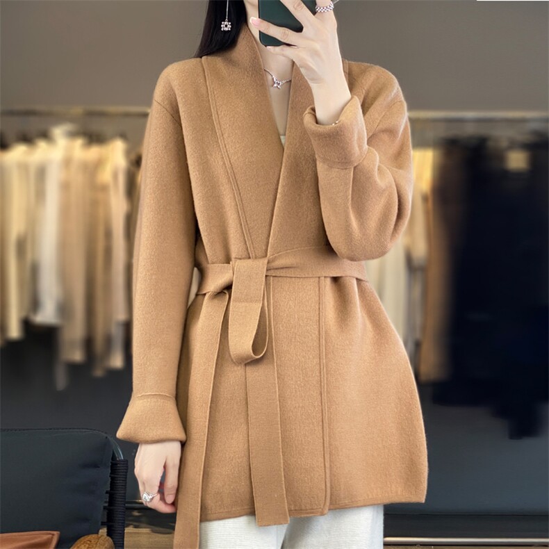 大衣女中长款2024年新款秋冬宽松显瘦系带羊毛针织开衫,女装羊毛衫,鹿一羊绒