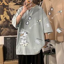 YT26115-P30 亚麻短袖t恤男大码五分袖男宽松七分袖 海报风图片