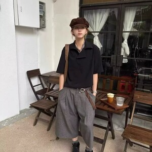 青少年设计感拼接老钱风七分休闲裤复古cleanfit阔腿短西裤男女款图片
