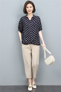 短袖套装女夏装2022新款韩版气质波点套头上衣休闲九分裤潮图片