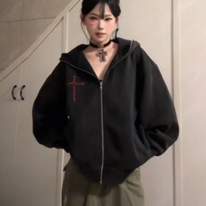 B158-P61大码双拉链连帽毛衣女秋冬胖mm显瘦针织开衫宽松抽绳，男装针织衫/毛衣，电商B323A