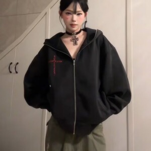 B158-P61大码双拉链连帽毛衣女秋冬胖mm显瘦针织开衫宽松抽绳