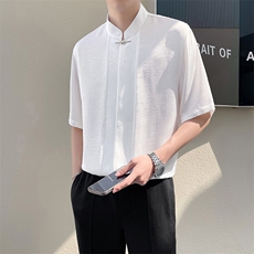 轻熟风~新中式2025夏季垂感冰丝压花中袖衬衫C248/P55，男装衬衫，电商B331
