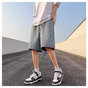 牛仔裤男短裤夏五分裤宽松磨白系带 P34 YA109图片