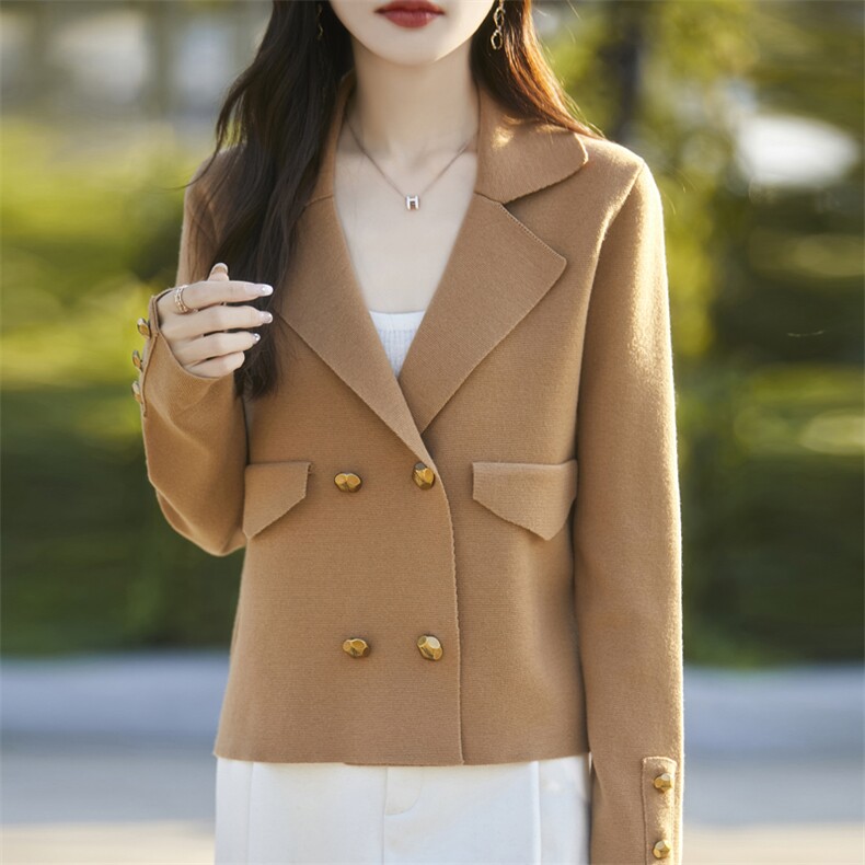 时尚女装精纺羊毛双排扣翻领西装外套优雅显瘦秋装新品,女装西装,暖娇绒包芯纱店