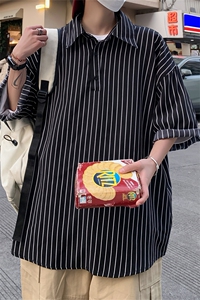C8036/P35港风夏季条纹冰丝衬衫男短袖衬衣宽松休闲大码上衣图片