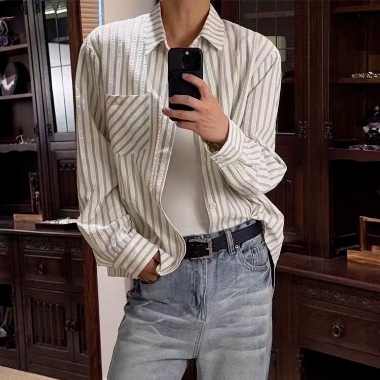 法式条纹长袖衬衫男女2025秋新款设计感慵懒宽松小个子衬衣叠穿，男装衬衫，星座506A