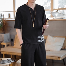 春夏汉服刺绣开衫T恤棉麻短袖风套装星座1512-1-TZ05-P65，男装T恤，星座1512