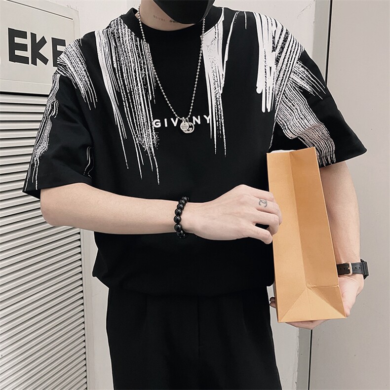 T05/特P58控782023夏季社会小伙韩版印花刺绣设计字母短袖T恤黑2,男装T恤,电商A366