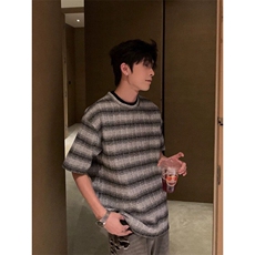 网红撞色领口设计宽松彩色条纹格子短袖T恤杉PL110/P45，男装T恤，电商A243