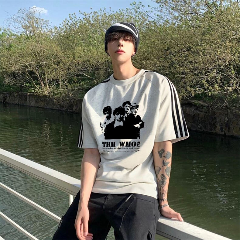 抖音得物高品质二开240克宽松纯棉美式潮牌三条杠织带短袖T恤,男装T恤,电商A486-1