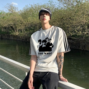 抖音得物高品质二开240克宽松纯棉美式潮牌三条杠织带短袖T恤图片