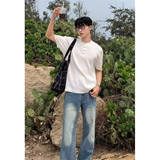 夏季新款针织衫纯色套头钮扣短袖上衣男士亨利领设计感TG58，男装T恤，星座1116A-2（原606A-1）