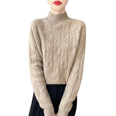 25新款半高领扭花100%纯羊毛衫女加厚针织毛衣长袖宽松羊绒打底衫，女装羊毛衫，吉高羊绒