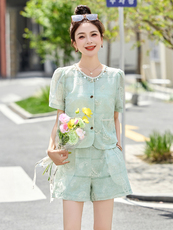 新中式短裤套装女2025夏新款小个子韩系小香风减龄短袖一整套穿搭，女装套装/套裙，伊仟回