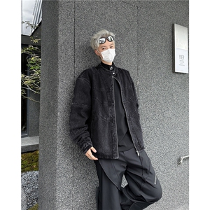 外骨骼脊柱’结构做旧重水洗活页机车短宽牛仔外套夹克W6269-P75图片
