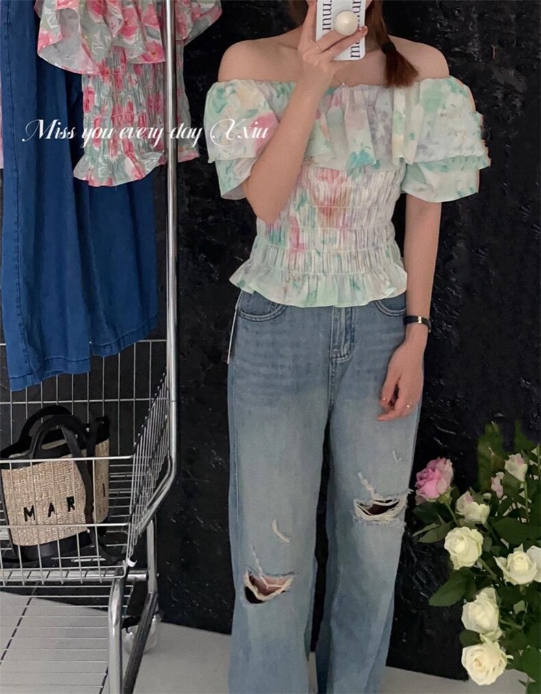 牛津荷叶边上衣一字肩，其它，新袖