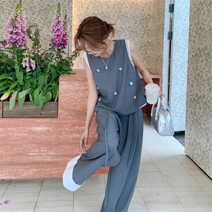 灰色背心马甲阔腿裤时尚套装女2025夏季新款韩系老钱风休闲两件套图片