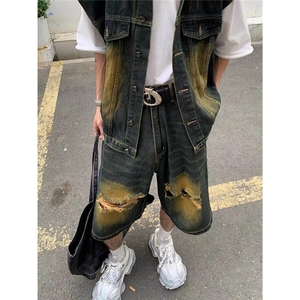 夏季款美式复古做旧破洞牛仔短裤男女街头百搭宽松阔腿直筒五分裤图片