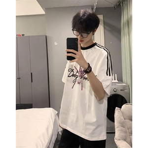 夏季美式高街重磅纯棉三条杠织带撞色男女短袖T恤ZD393-特P30图片