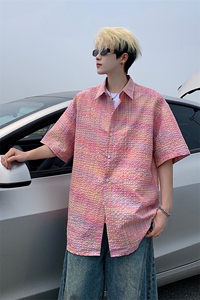 B221 美式ins高街宽松薄款泡泡格短袖衬衫SY2548-特P35控59图片