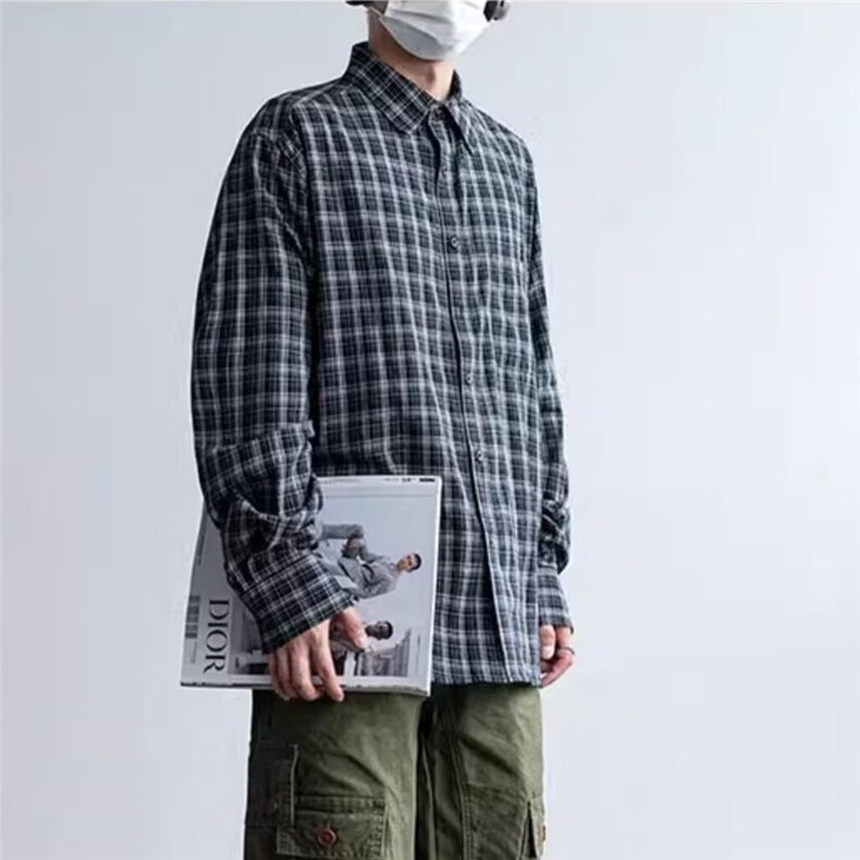 1506/Q30560/P38日系潮子衬衫男春秋季新款百搭复古格纹情侣衬衣,男装衬衫,星座1506