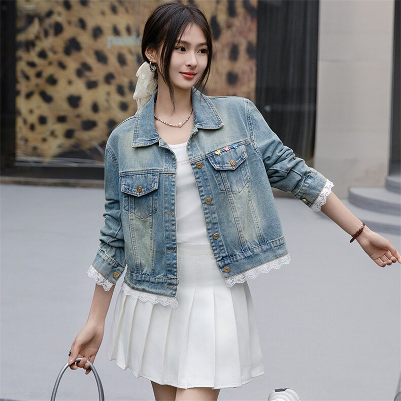 蕾丝拼接牛仔外套女2025春季新款韩版翻领小个子时尚夹克减龄上衣，女装牛仔外套，跑量工厂店