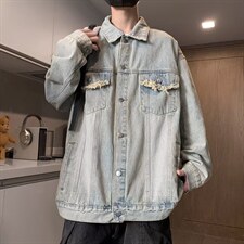 潮牌美式做旧水洗拼接牛仔外套男女复古宽松百搭夹克W016-P47网图，男装工装外套，电商B245