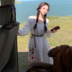 游牧风刺绣马甲流苏连衣裙套装女2025秋季新款法式温柔系初恋长裙，女装套装/套裙，2C293