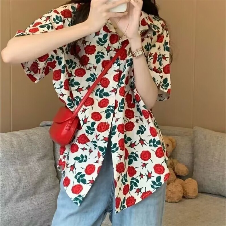 复古港风潮流宽松碎花短袖衬衫女夏季设计感小众宽松显瘦衬衣上衣,男装衬衫,星座1210-1