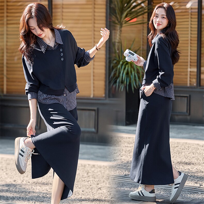 时尚套装女2025秋新款减龄假两件衬衫拼接马甲垂感半身裙两件套，女装套装/套裙，流量+