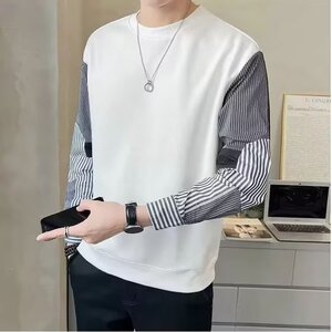 25港风拼接卫衣男春秋新款帅气圆领条纹衬衫袖上衣青年休闲打底衫图片