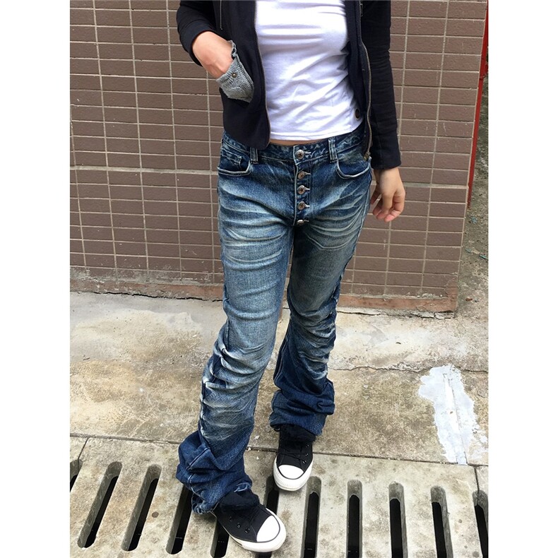美式复古高街排扣微喇牛仔裤男女褶皱小众波纹猫须弯刀修身拖地裤,男装牛仔裤,星座506A