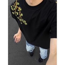 网图有货美式刺绣罗汉松短袖男女高街字母花卉宽松t恤A433-P35，男装T恤，星座1505