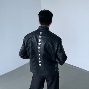 港风秋冬款男女皮夹克立领金属脊背拼接皮衣外套JK1001 P108图片