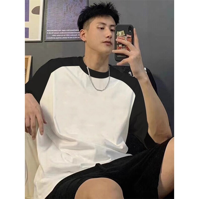 抖音得物高品质二开240克宽松纯棉美式潮牌插肩袖拼接短袖T恤，男装T恤，电商A486-1