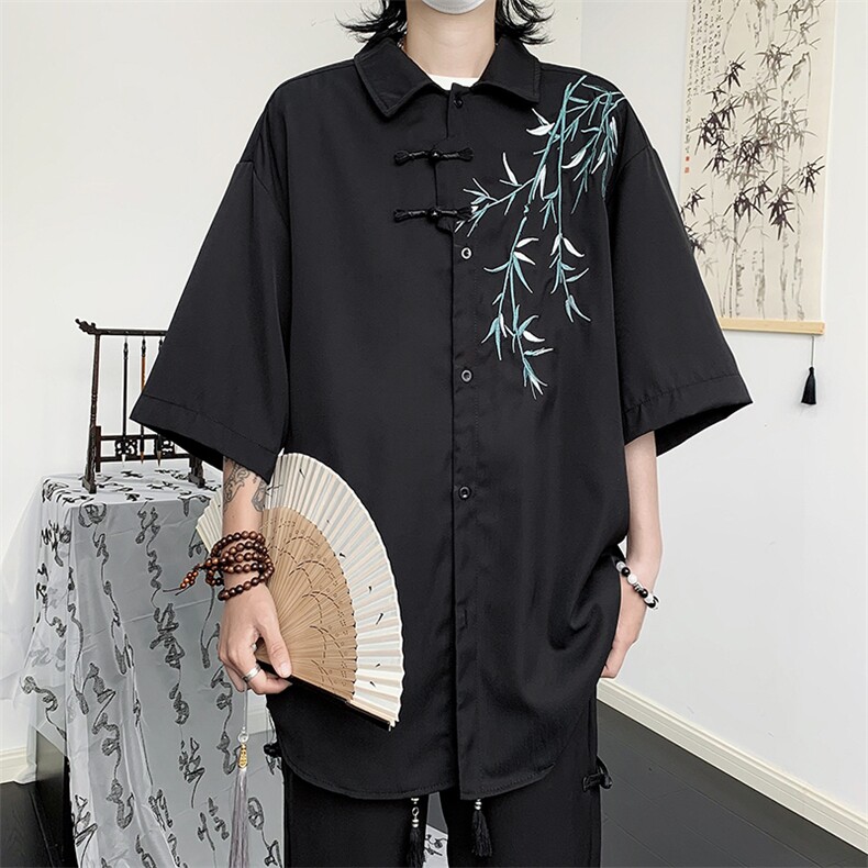 风夏男短袖衬衫蝴蝶盘扣柳条刺绣短袖衬衣CS1283 P40图片