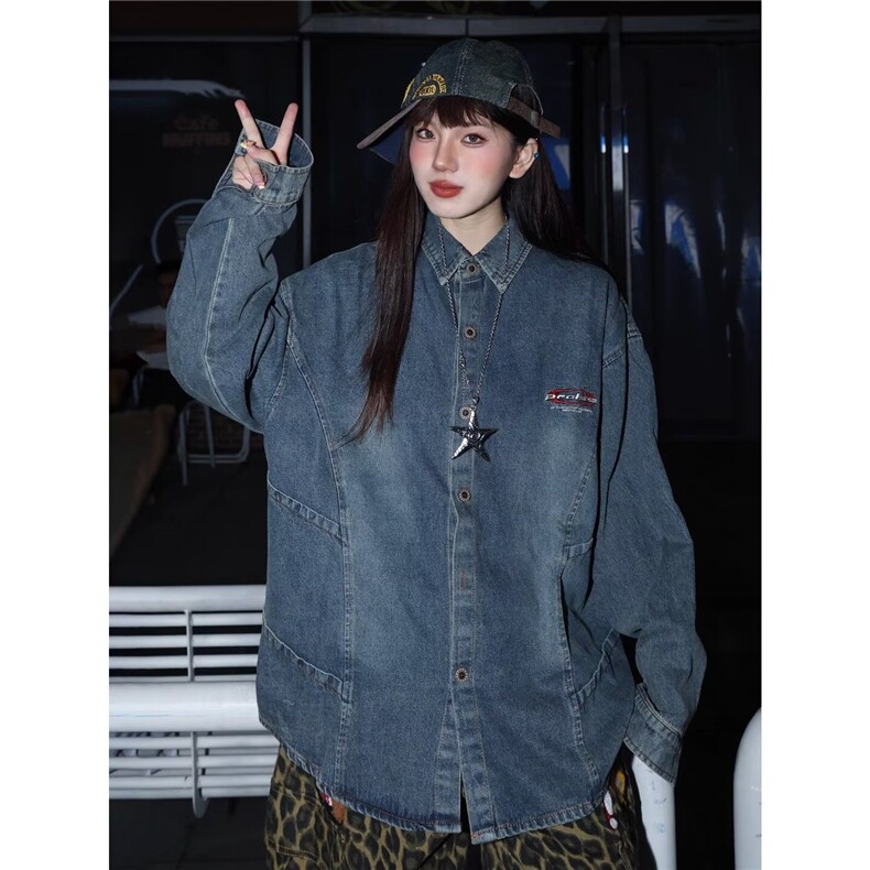 SH1007-P65美式复古刺绣牛仔衬衫男女新款宽松休闲百搭衬衣外套，男装衬衫，电商C233B